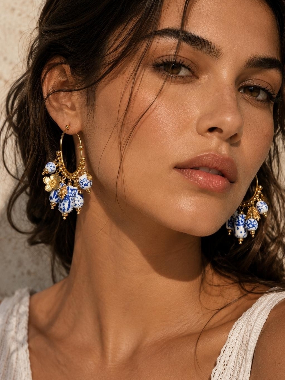 Gold Hoop Earrings with Blue & White Bead Charms